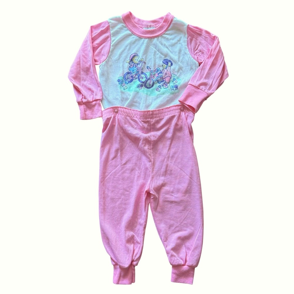 VIntage Carter's Pink Pajamas 2T Bicycle Girls Graphic Long Sleeve Sleep Set‎